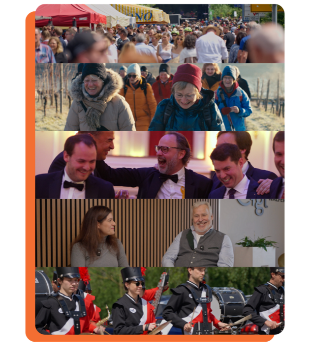 Collage de tournages : une fête, une balade, un gala, une interview, une fanfare