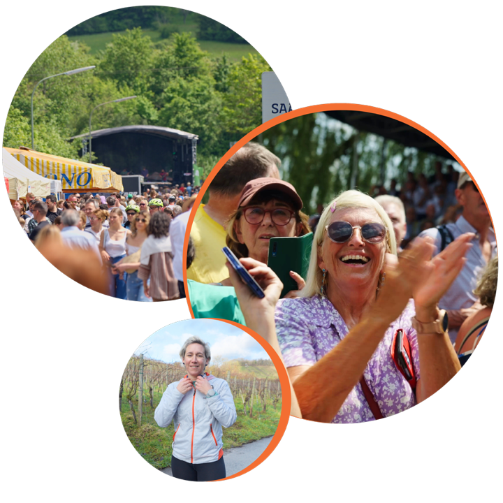 Une fête en plein air, une spectatrice qui applaudit, une promeneuse dans les vignes.